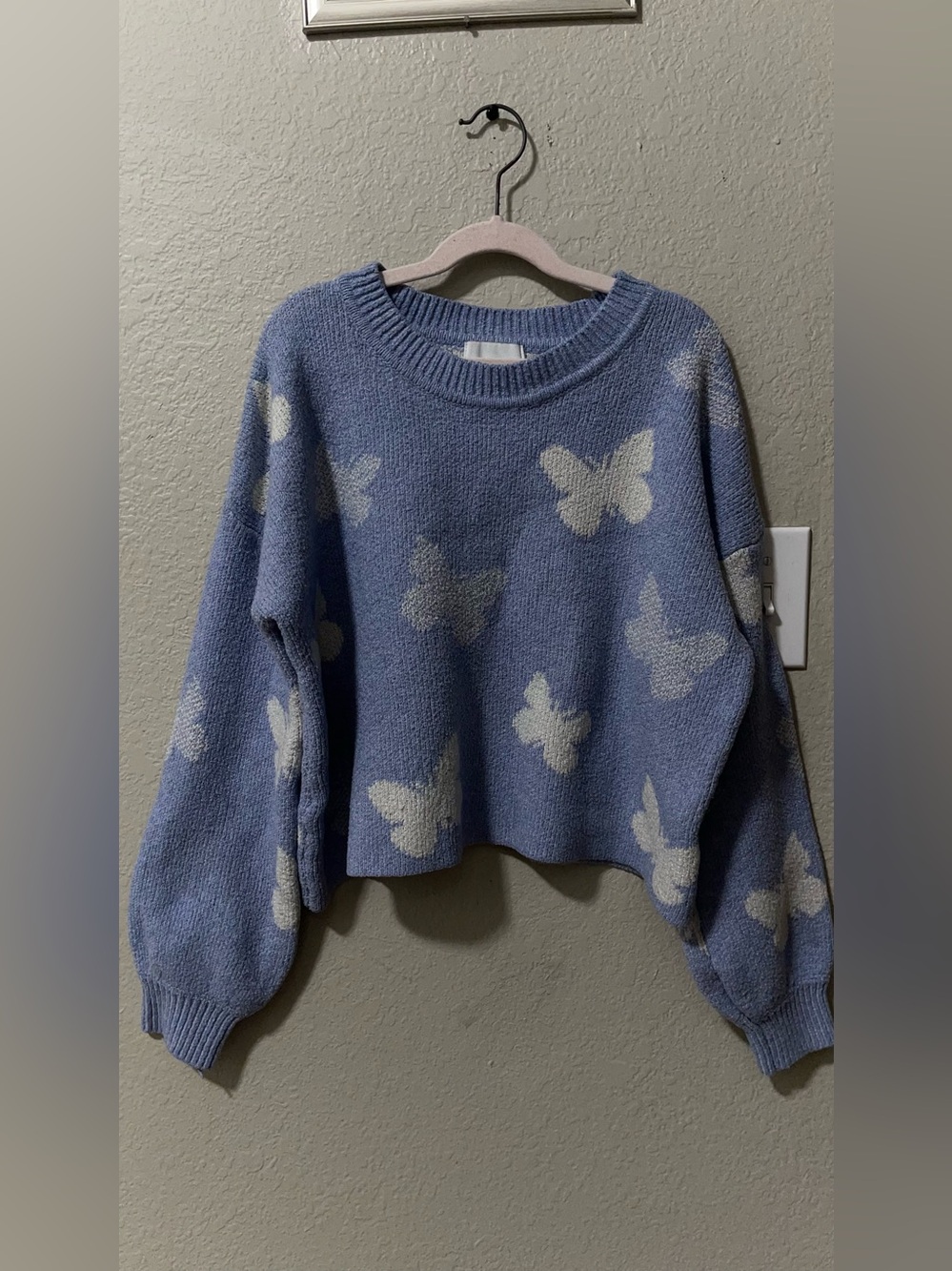 Pink Rose Blue Crewneck Sweater with Cream Butterfly Motif